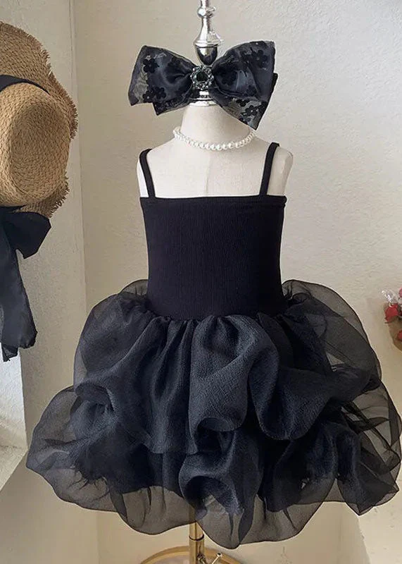 Fashion Black Ruffled Patchwork Tulle Kids Girls Robe Dresses Summer - Image 3