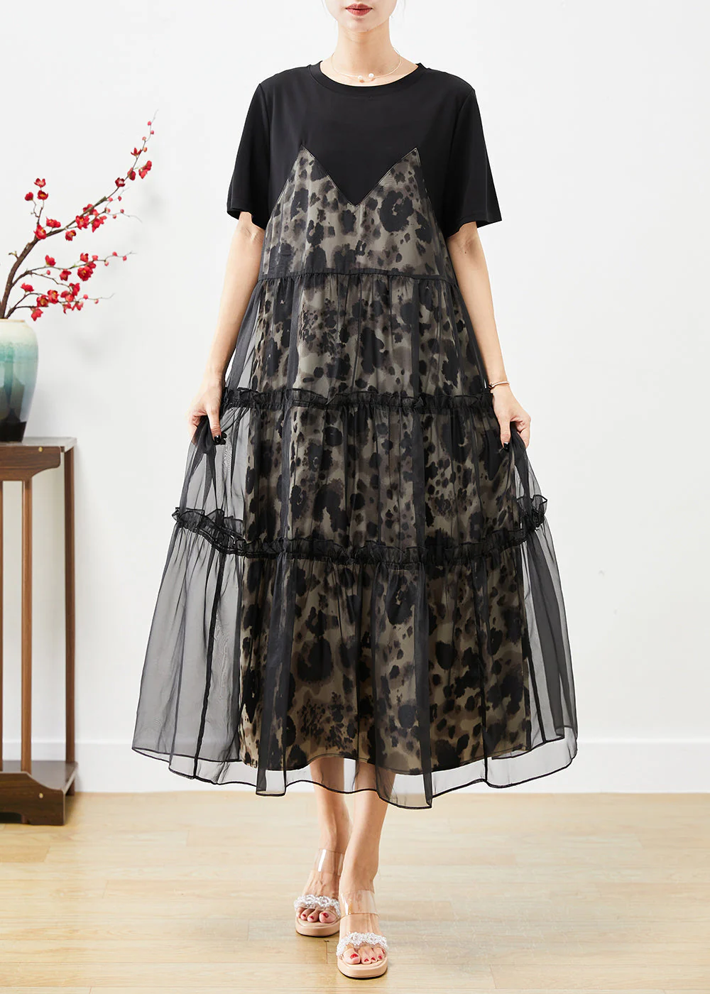 Fashion Black Ruffled Tulle Patchwork Exra Large Hem Cotton Dress Summer - Image 2