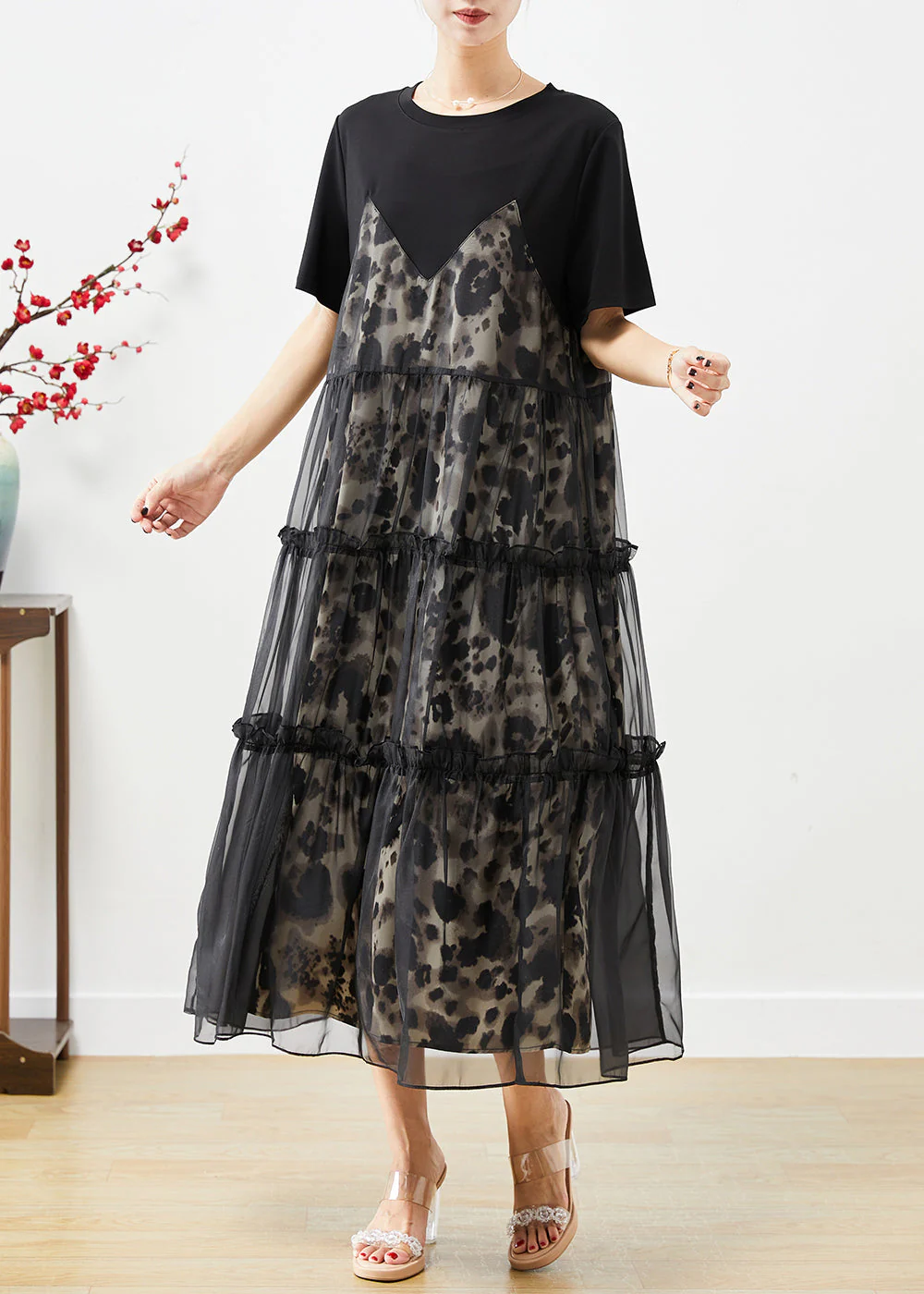 Fashion Black Ruffled Tulle Patchwork Exra Large Hem Cotton Dress Summer - Image 3