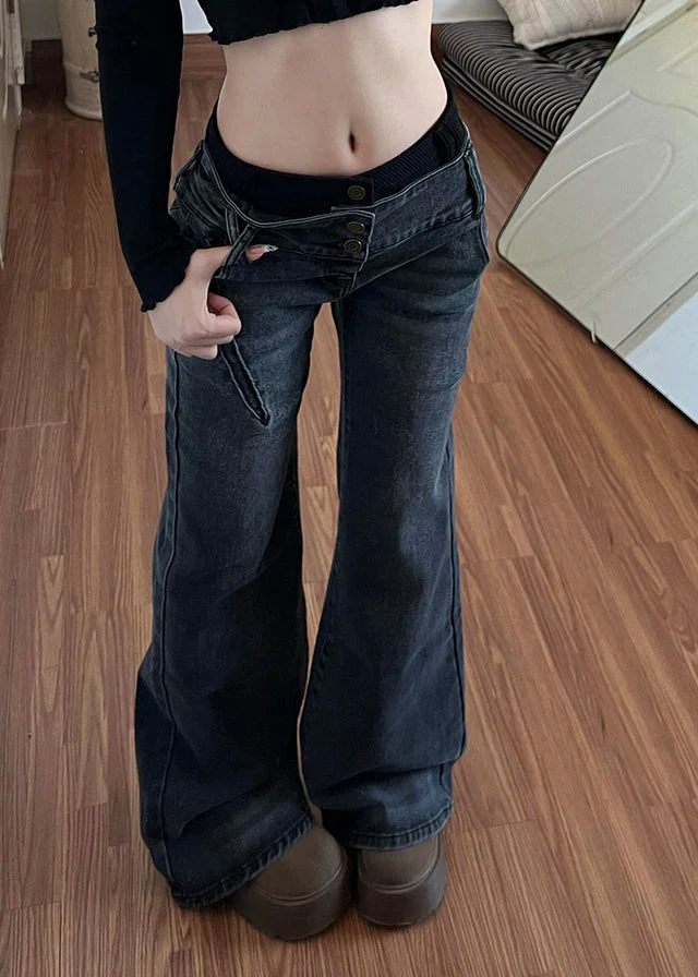 Fashion Black Silm Fit Denim Flare Bottoms Pants Trousers Spring - Image 4