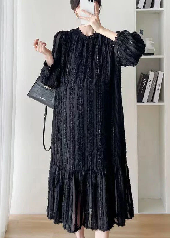 Fashion Black Stand Collar WrinkledPatchwork Lace Dress Fall - Image 2