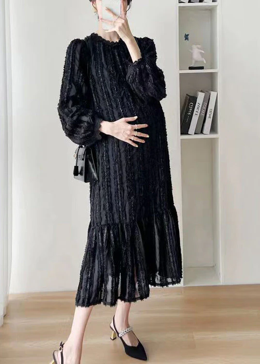 Fashion Black Stand Collar WrinkledPatchwork Lace Dress Fall - Image 4