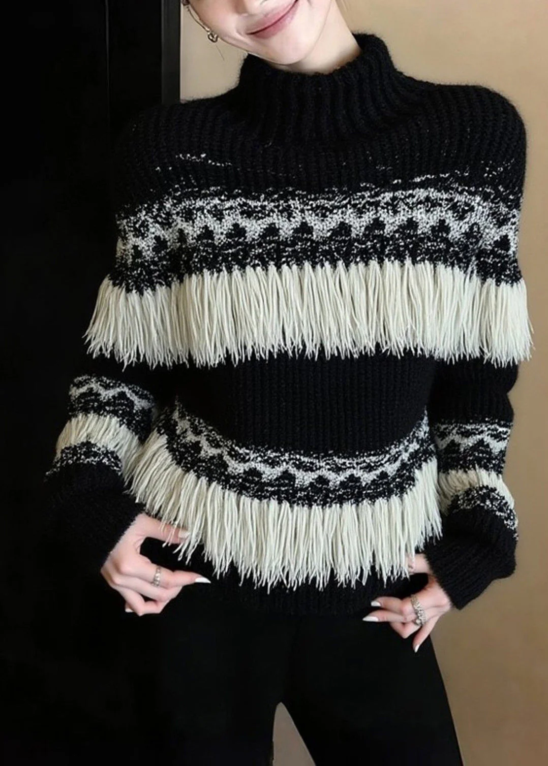 Fashion Black Tasseled Striped Knit Pullover Winter