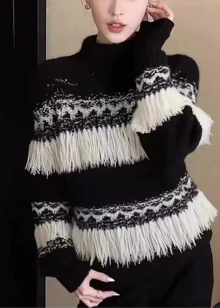 Fashion Black Tasseled Striped Knit Pullover Winter - Image 2
