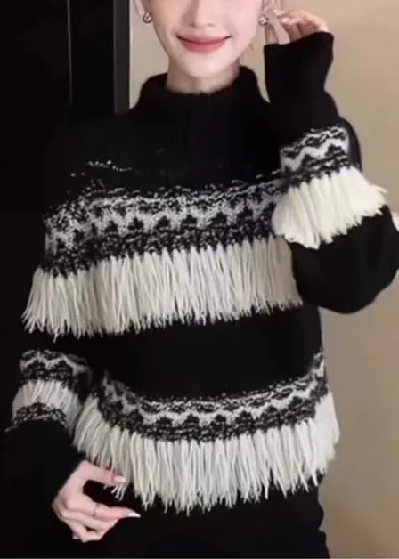 Fashion Black Tasseled Striped Knit Pullover Winter - Image 4