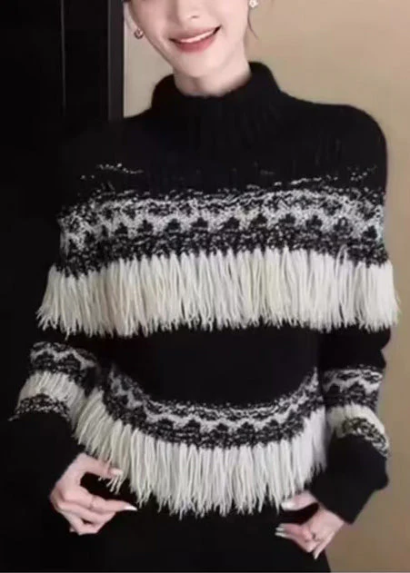 Fashion Black Tasseled Striped Knit Pullover Winter - Image 5