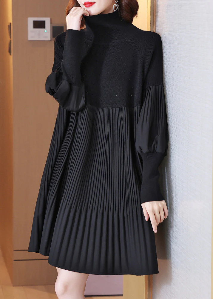 Fashion Black Turtleneck Patchwork Wrinkled Knit Dress Lantern Sleeve - Image 3