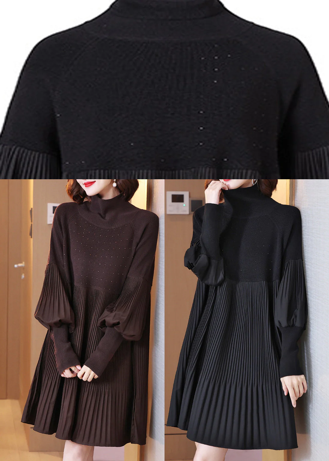 Fashion Black Turtleneck Patchwork Wrinkled Knit Dress Lantern Sleeve - Image 4