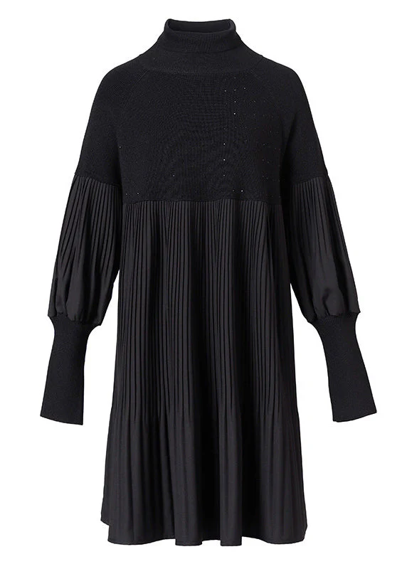 Fashion Black Turtleneck Patchwork Wrinkled Knit Dress Lantern Sleeve - Image 5