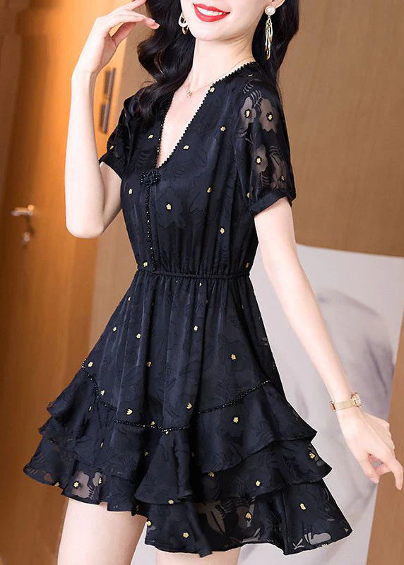 Fashion Black V Neck Cinched Patchwork Tulle Mid Dress Summer - Image 2