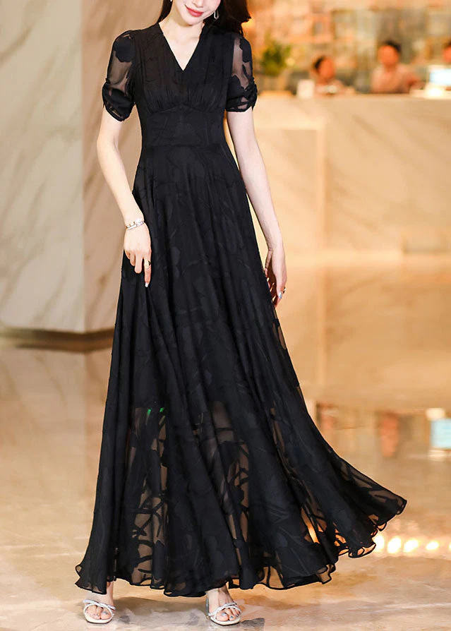 Fashion Black V Neck High Waist Tulle Patchwork Chiffon Long Dress Summer - Image 2