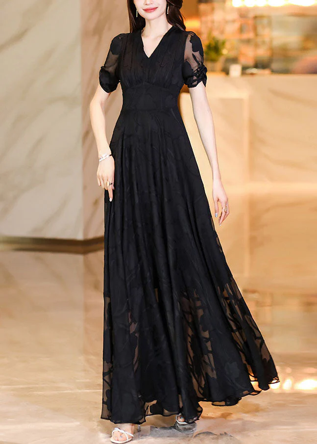 Fashion Black V Neck High Waist Tulle Patchwork Chiffon Long Dress Summer - Image 3