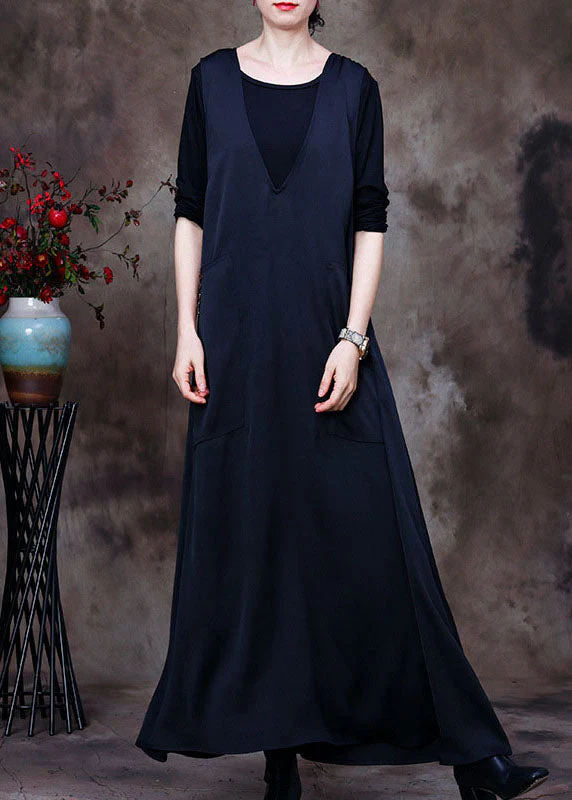 Fashion Black V Neck pockets Silk Maxi Dresses Sleeveless - Image 2