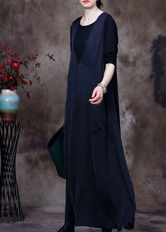Fashion Black V Neck pockets Silk Maxi Dresses Sleeveless - Image 3