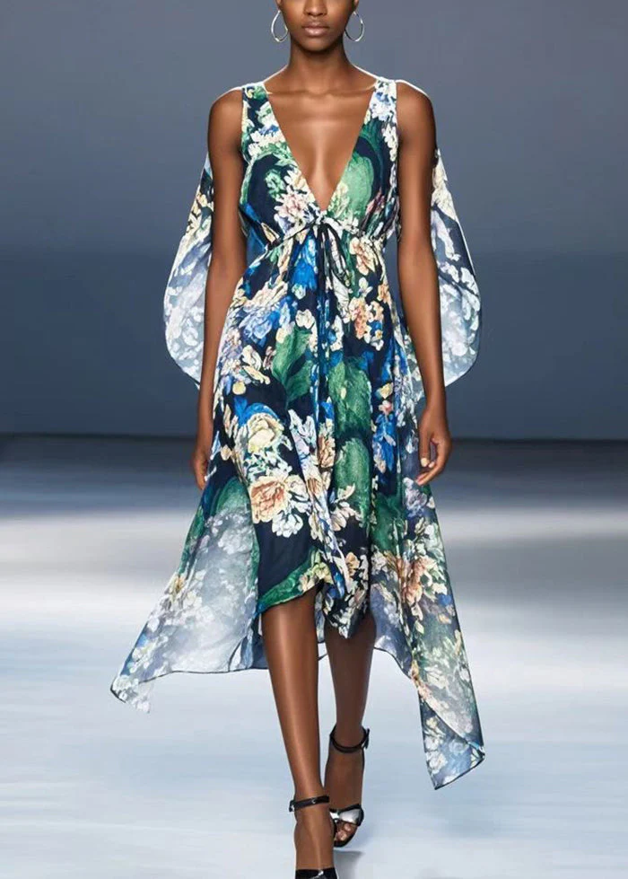 Fashion Black V Neck Print Chiffon Vacation Dresses Summer - Image 3