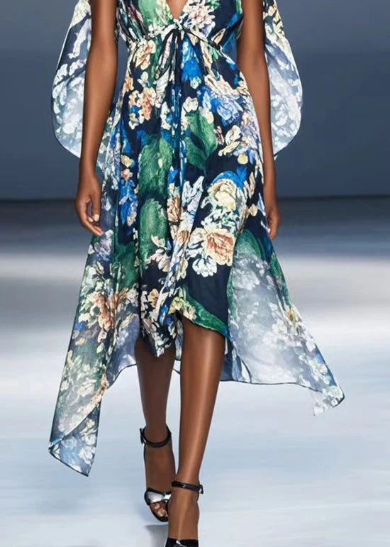 Fashion Black V Neck Print Chiffon Vacation Dresses Summer - Image 4