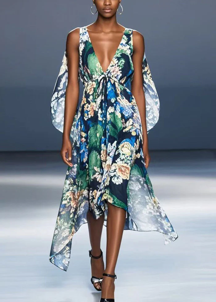 Fashion Black V Neck Print Chiffon Vacation Dresses Summer - Image 5