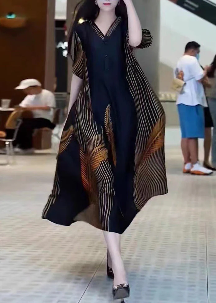 Fashion Black V Neck Print Patchwork Silk Long Dresses Summer - Image 3