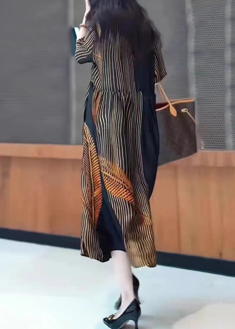 Fashion Black V Neck Print Patchwork Silk Long Dresses Summer - Image 5