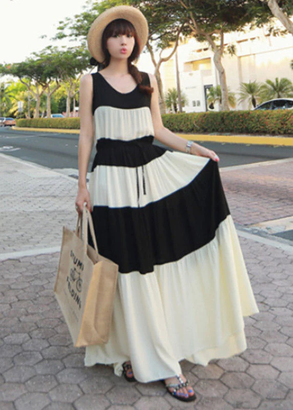 Fashion Black White Patchwork O-Neck Tie Waist Chiffon Long Dress Sleeveless - Image 2