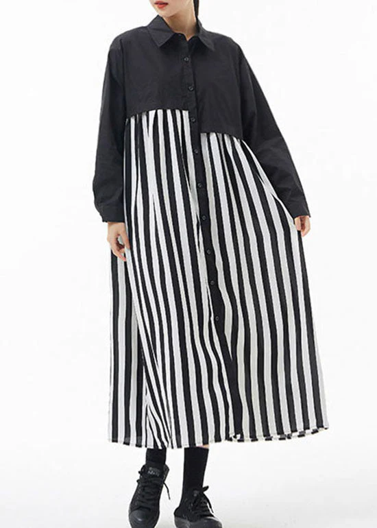 Fashion black white Striped Peter Pan Collar Patchwork shirt Dresses Spring - Image 2
