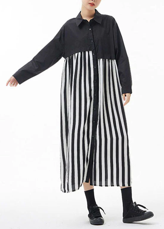 Fashion black white Striped Peter Pan Collar Patchwork shirt Dresses Spring - Image 3