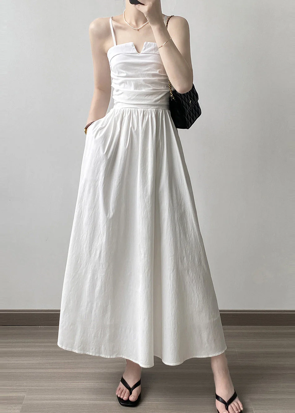 Fashion Black Wrinkled Patchwork Cotton Spaghetti Strap Dress Sleeveless - Image 2
