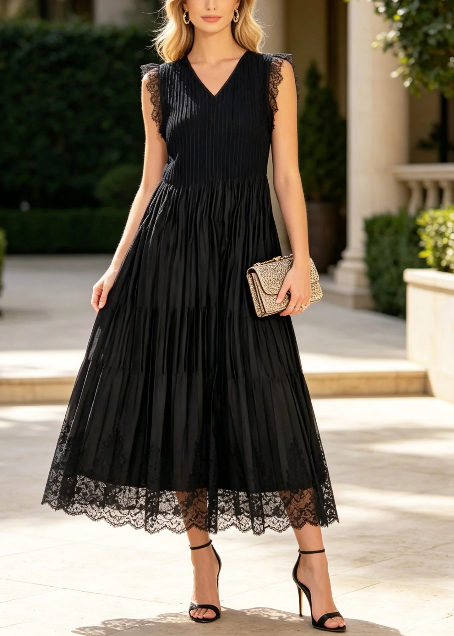 Fashion Black Wrinkled Patchwork Lace Holiday Dress Sleeveless - Image 3