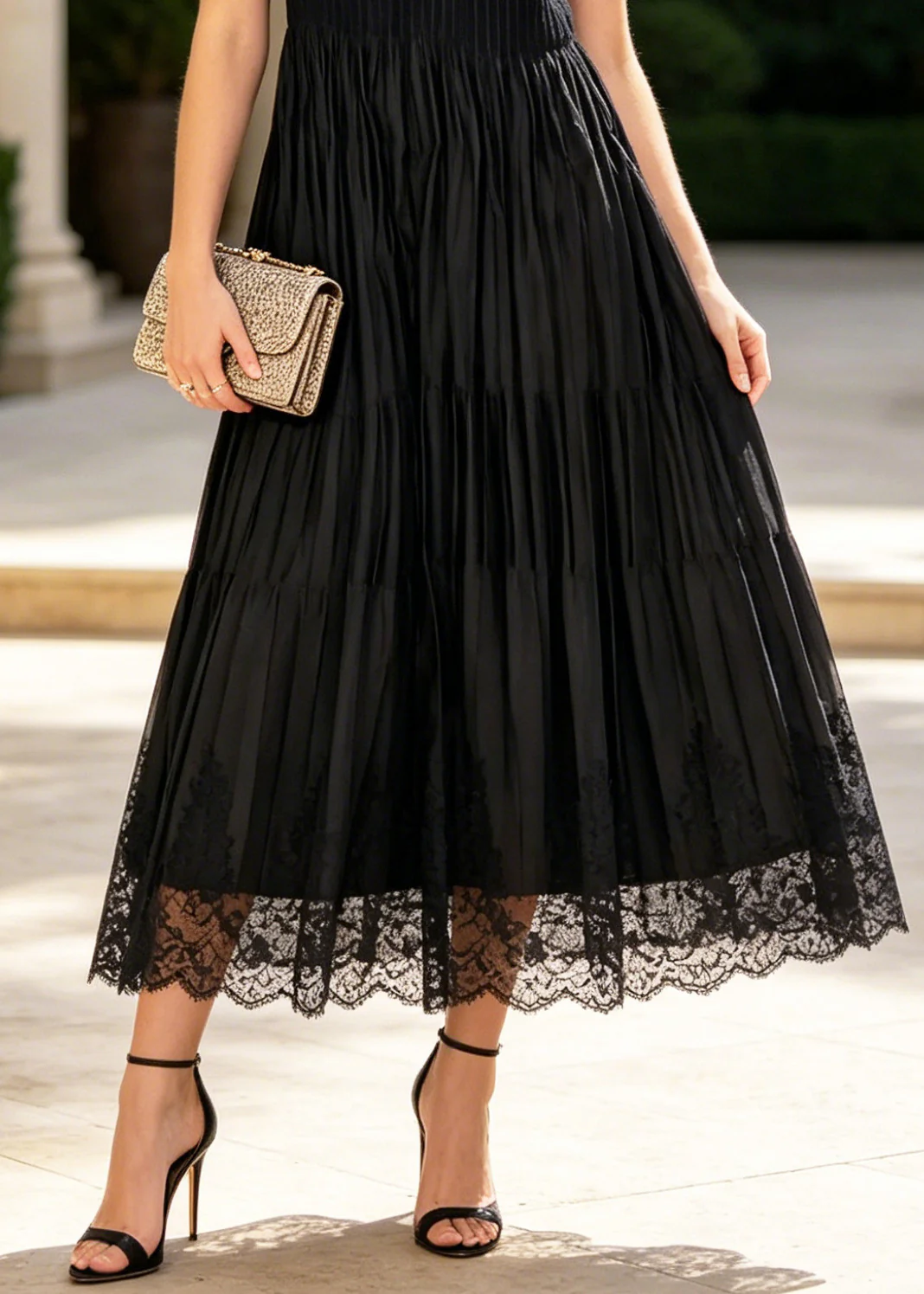 Fashion Black Wrinkled Patchwork Lace Holiday Dress Sleeveless - Image 4