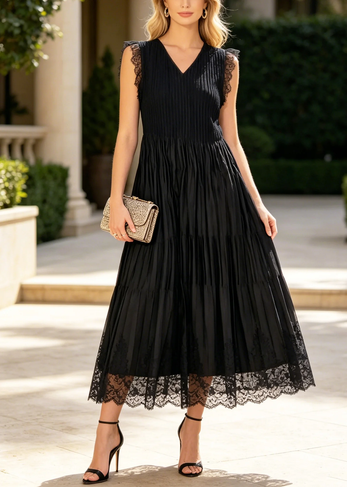Fashion Black Wrinkled Patchwork Lace Holiday Dress Sleeveless - Image 5