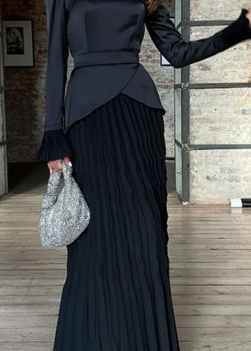 Fashion Black Wrinkled Patchwork Silk Long Dress Spring - Image 4