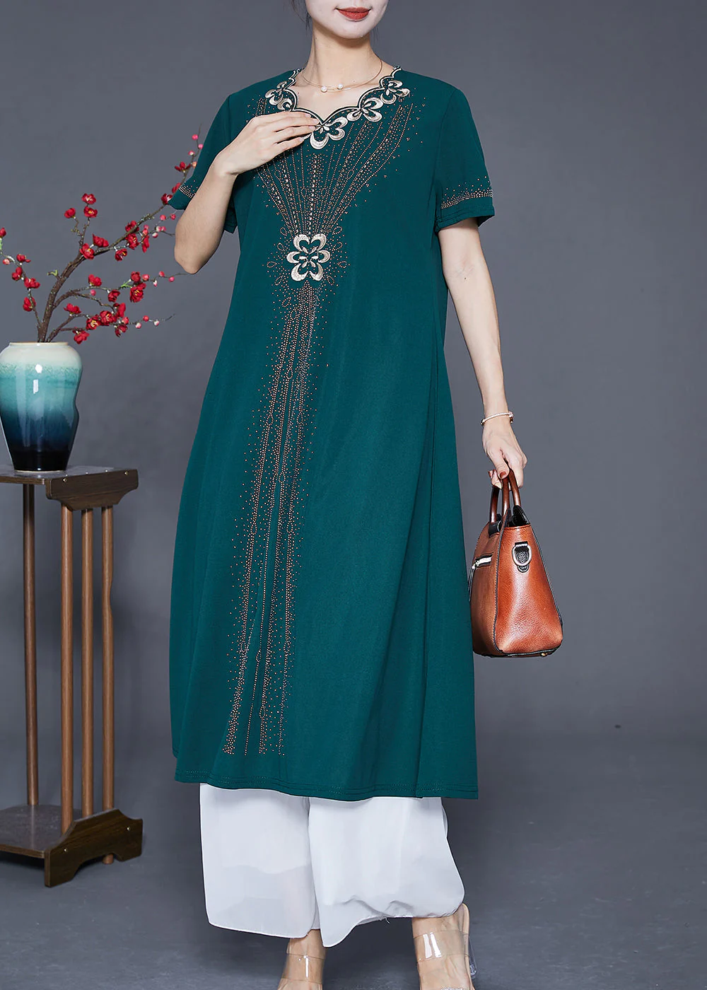 Fashion Blackish Green Embroideried Zircon Chiffon Maxi Dresses Summer - Image 3