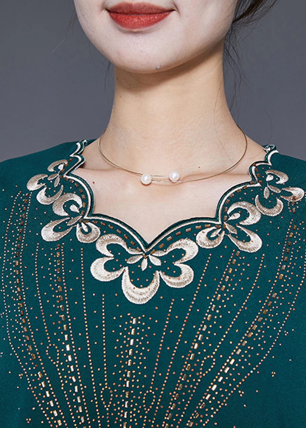 Fashion Blackish Green Embroideried Zircon Chiffon Maxi Dresses Summer - Image 5