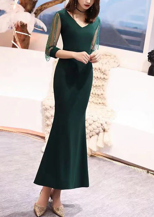 Fashion Blackish Green V Neck Nail Bead Tulle Long Dresses Bracelet Sleeve - Image 2