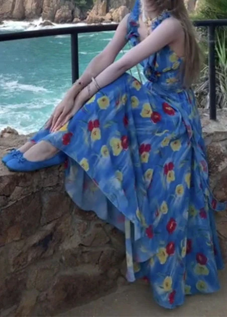 Fashion Blue Backless Print Chiffon Ankle Dress Summer - Image 2