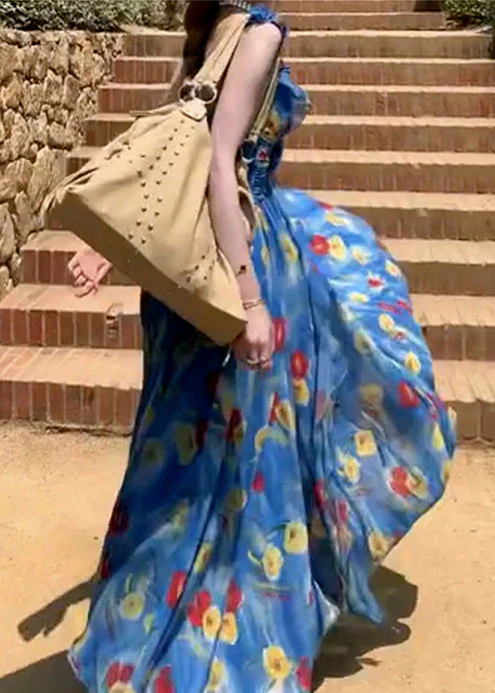 Fashion Blue Backless Print Chiffon Ankle Dress Summer - Image 3