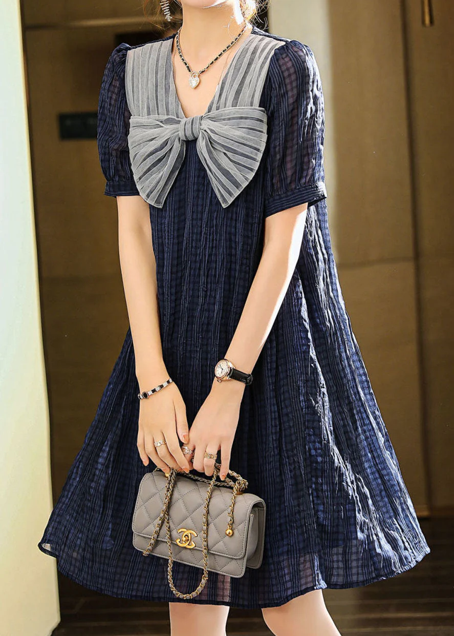Fashion Blue Bow Patchwork Chiffon Mid Dress Summer - Image 2
