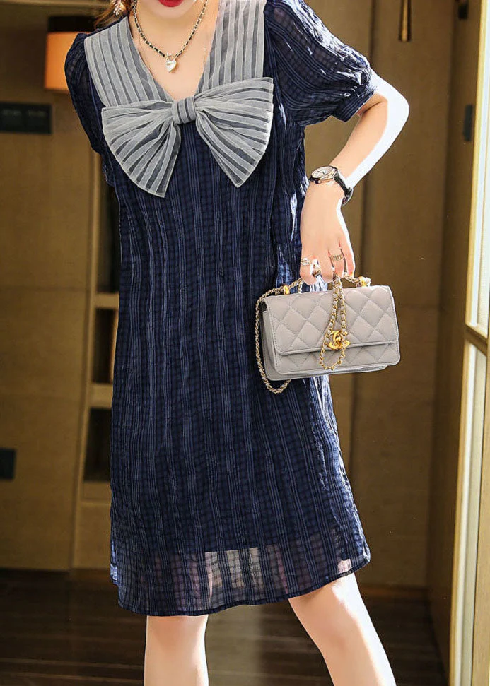 Fashion Blue Bow Patchwork Chiffon Mid Dress Summer - Image 3