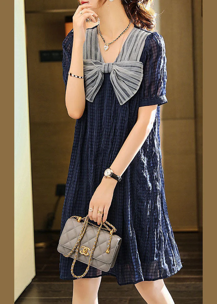 Fashion Blue Bow Patchwork Chiffon Mid Dress Summer - Image 4