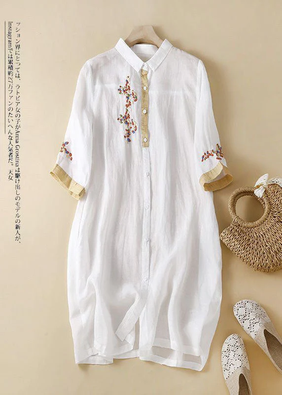Fashion white flowers Patchwork Linen Shirt Dress Summer - Image 3