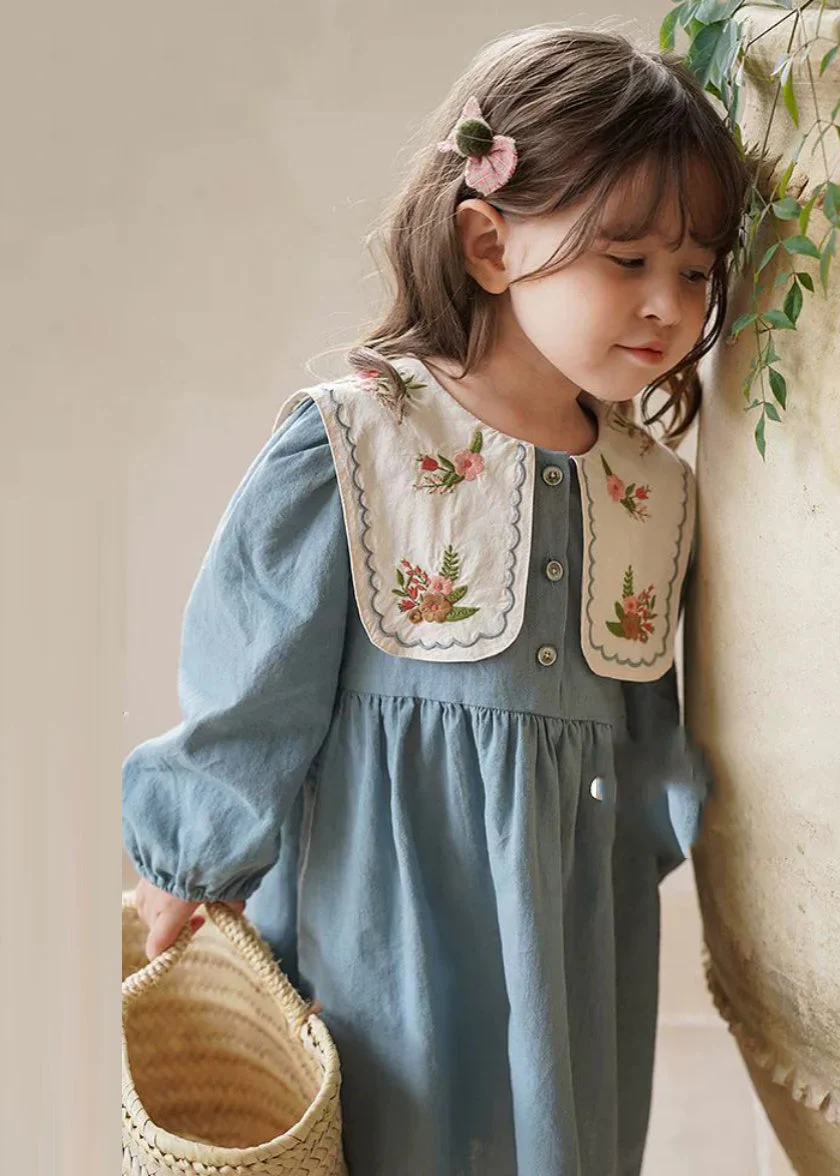 Fashion Blue Embroideried Patchwork Girls Long Dress Fall - Image 5