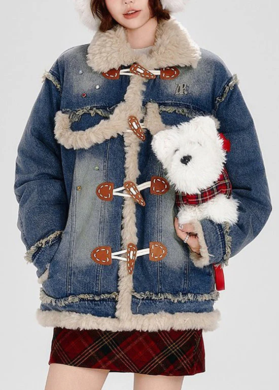 Fashion Blue Fuzzy Fur Patchwork Fine Cotton Filled Denim Coat Winter - Image 2