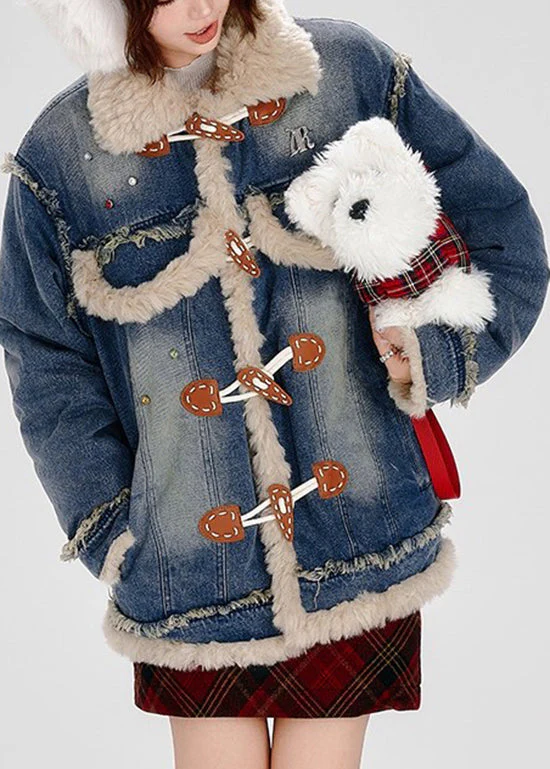 Fashion Blue Fuzzy Fur Patchwork Fine Cotton Filled Denim Coat Winter - Image 3
