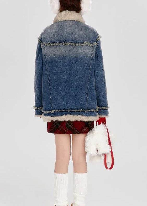 Fashion Blue Fuzzy Fur Patchwork Fine Cotton Filled Denim Coat Winter - Image 5