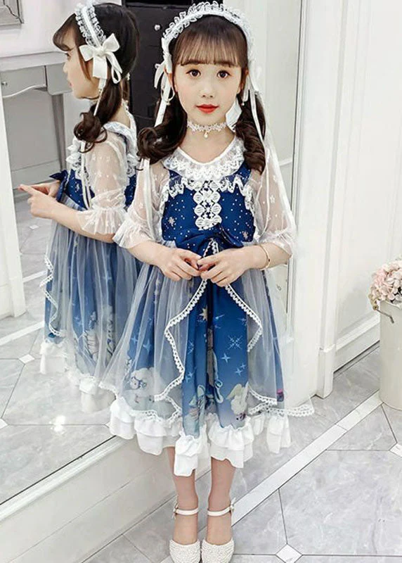 Fashion Blue Lace Patchwork Tulle Kids Long Dress Short Sleeve - Image 2