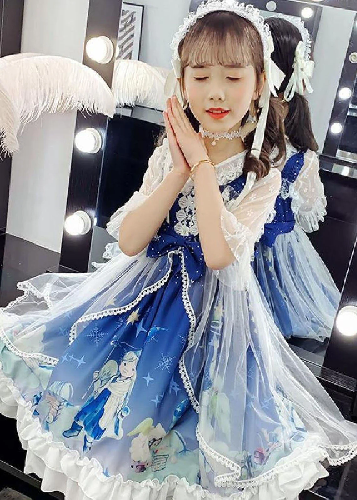 Fashion Blue Lace Patchwork Tulle Kids Long Dress Short Sleeve - Image 4