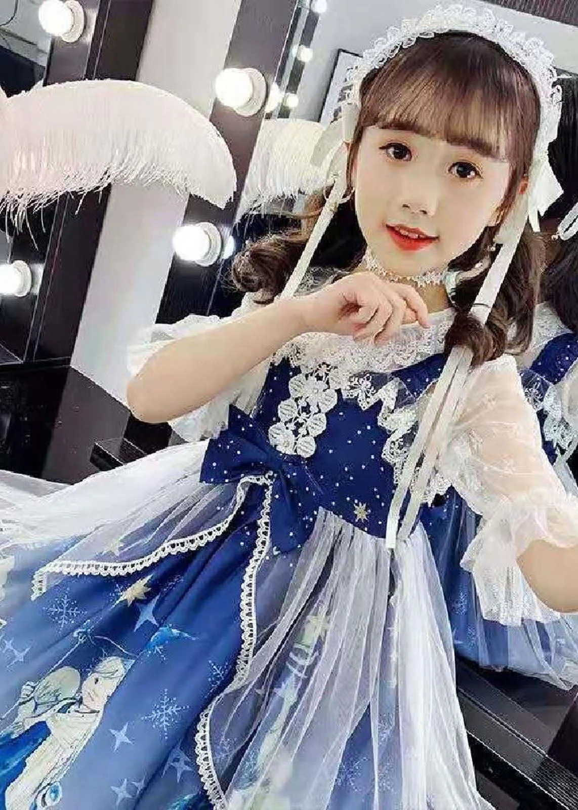 Fashion Blue Lace Patchwork Tulle Kids Long Dress Short Sleeve - Image 5