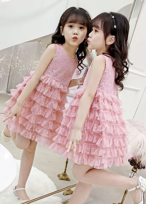 Fashion Blue O-Neck Embroideried Dot Patchwork Tulle Girls Party Mid Dress Sleeveless - Image 2