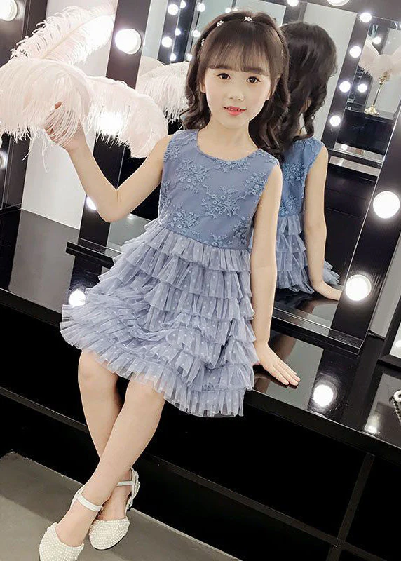Fashion Blue O-Neck Embroideried Dot Patchwork Tulle Girls Party Mid Dress Sleeveless - Image 3
