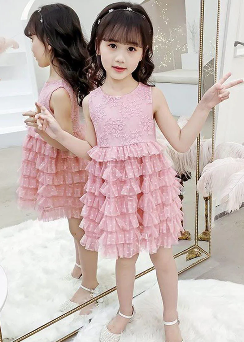 Fashion Blue O-Neck Embroideried Dot Patchwork Tulle Girls Party Mid Dress Sleeveless - Image 4